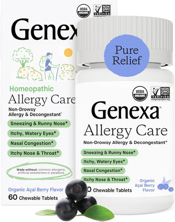 Genexa Allergy Care For Adults | Non-Drowsy, Allergy & Decongestant Relief | Delicious Organic Acai Berry Flavor | Homeopathic Remedy Made Clean | 60 Chewable Tablets