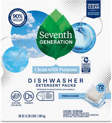 Seventh Generation Dishwasher Detergent Packs for sparkling dishes Free & Clear Dishwasher Tabs, 72 Count (Pack of 1)