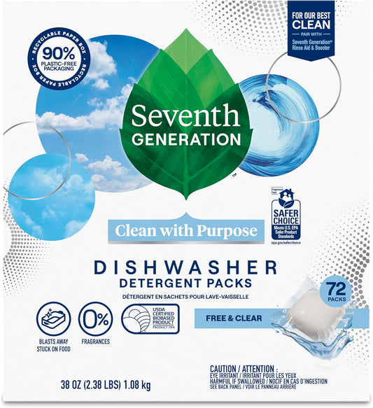 Seventh Generation Dishwasher Detergent Packs For Sparkling Dishes Free & Clear Dishwasher Tabs (72 Count)