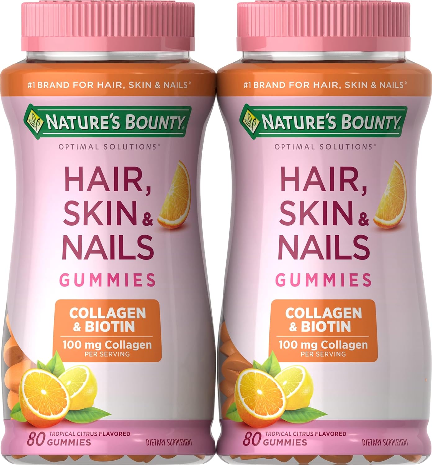Nature'S Bounty Hair, Skin & Nails With Biotin And Collagen, Citrus-Flavored Gummies Vitamin Supplement, Supports Hair, Skin, And Nail Health For Women, 2500 Mcg, 80 Ct (2 Pack)