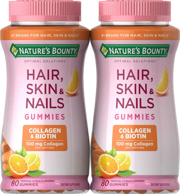 Nature'S Bounty Hair, Skin & Nails With Biotin And Collagen, Citrus-Flavored Gummies Vitamin Supplement, Supports Hair, Skin, And Nail Health For Women, 2500 Mcg, 80 Ct (2 Pack)
