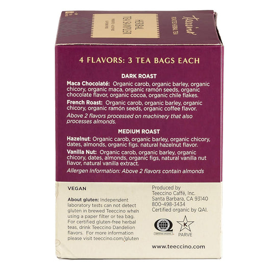 Teeccino Herbal Tea Sampler Assortment - Maca Chocolaté, French Roast, Hazelnut, Vanilla Nut - Roasted Caffeine Free Herbal Tea, Prebiotic For Natural Energy, 12 Tea Bags