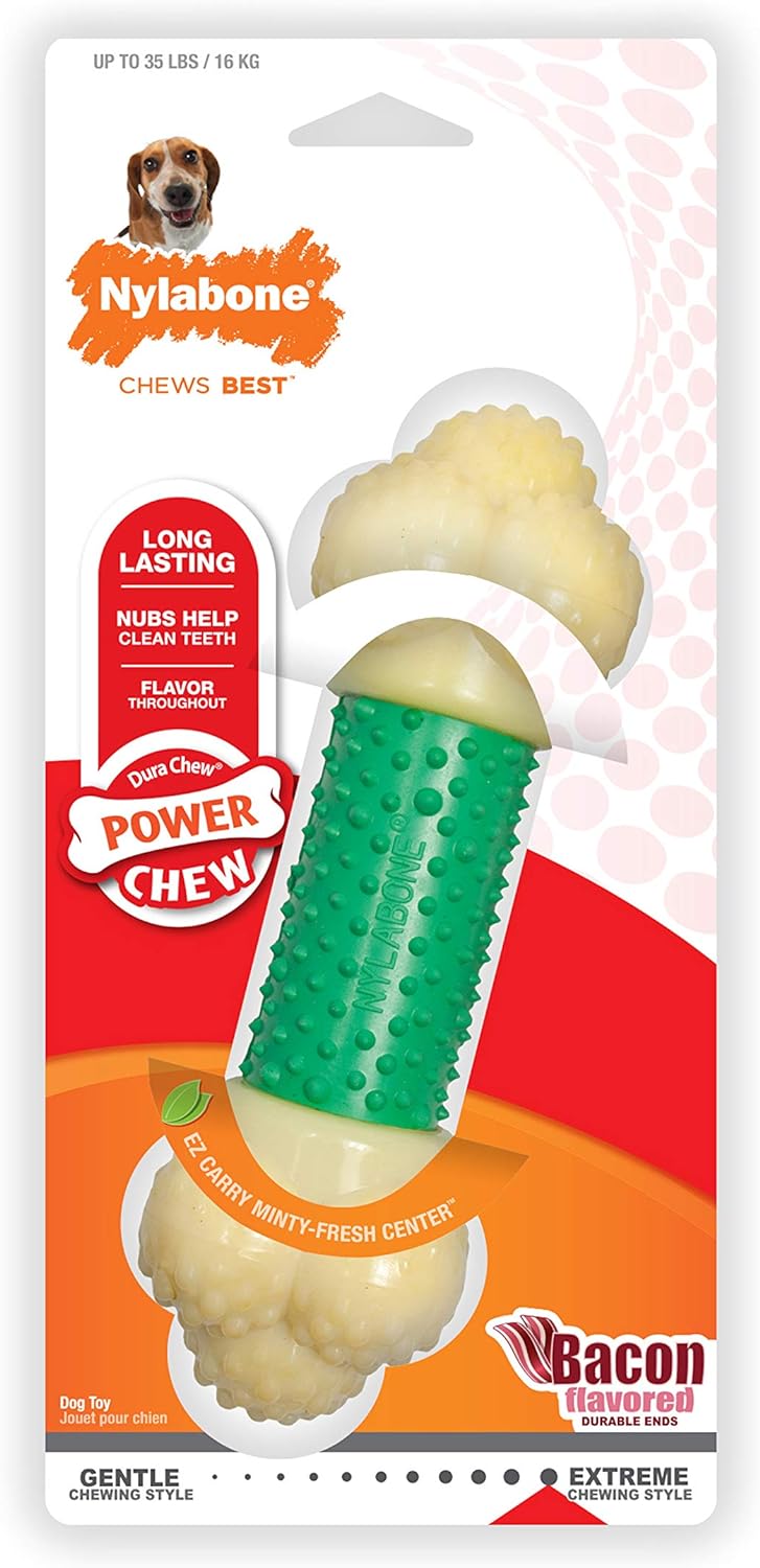 Nylabone Power Chew Double Action Barbell Bone Chew Toy, Durable Dog Toy, Bacon Flavor, Medium - Up To 30 Lbs. (1 Count)