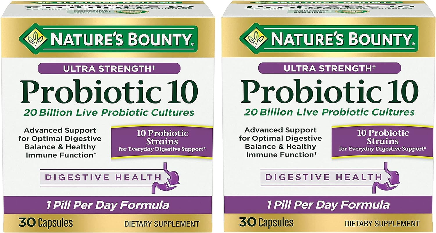 Nature's Bounty Probiotic 10, Ultra Strength Daily Probiotic Supplement, Support for Digestive, Immune and Upper Respiratory Health, 2 Pack, 30 Capsules