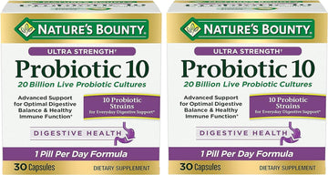 Nature's Bounty Probiotic 10, Ultra Strength Daily Probiotic Supplement, Support for Digestive, Immune and Upper Respiratory Health, 2 Pack, 30 Capsules