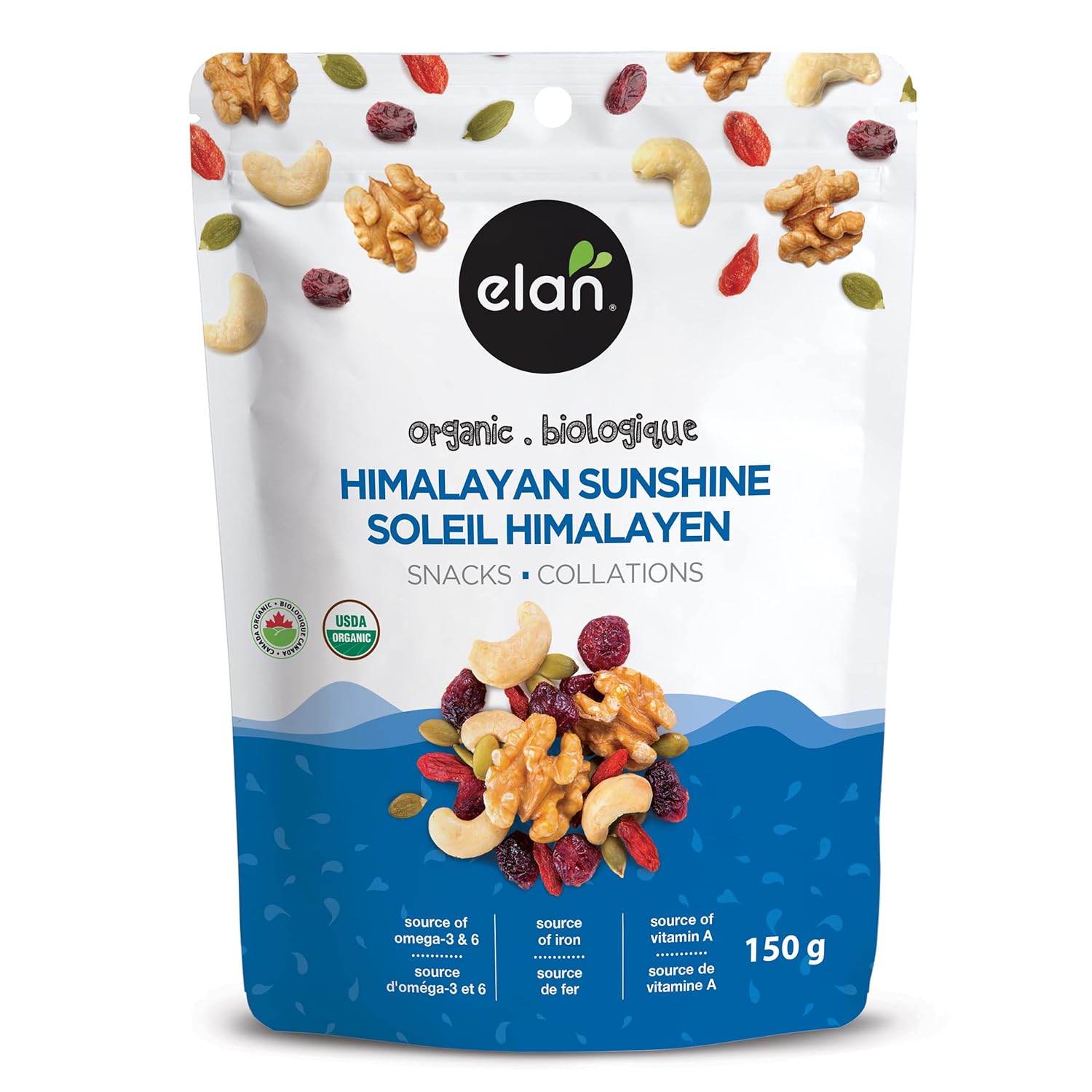 Elan Organic Himalayan Sunshine Mix, 5.3 Oz, Non-Gmo, Vegan, Gluten-Free, Kosher, Dried Fruits (Dried Cranberries, Dried Goji Berries), Nuts (Cashews, Walnuts), Pumpkin Seeds