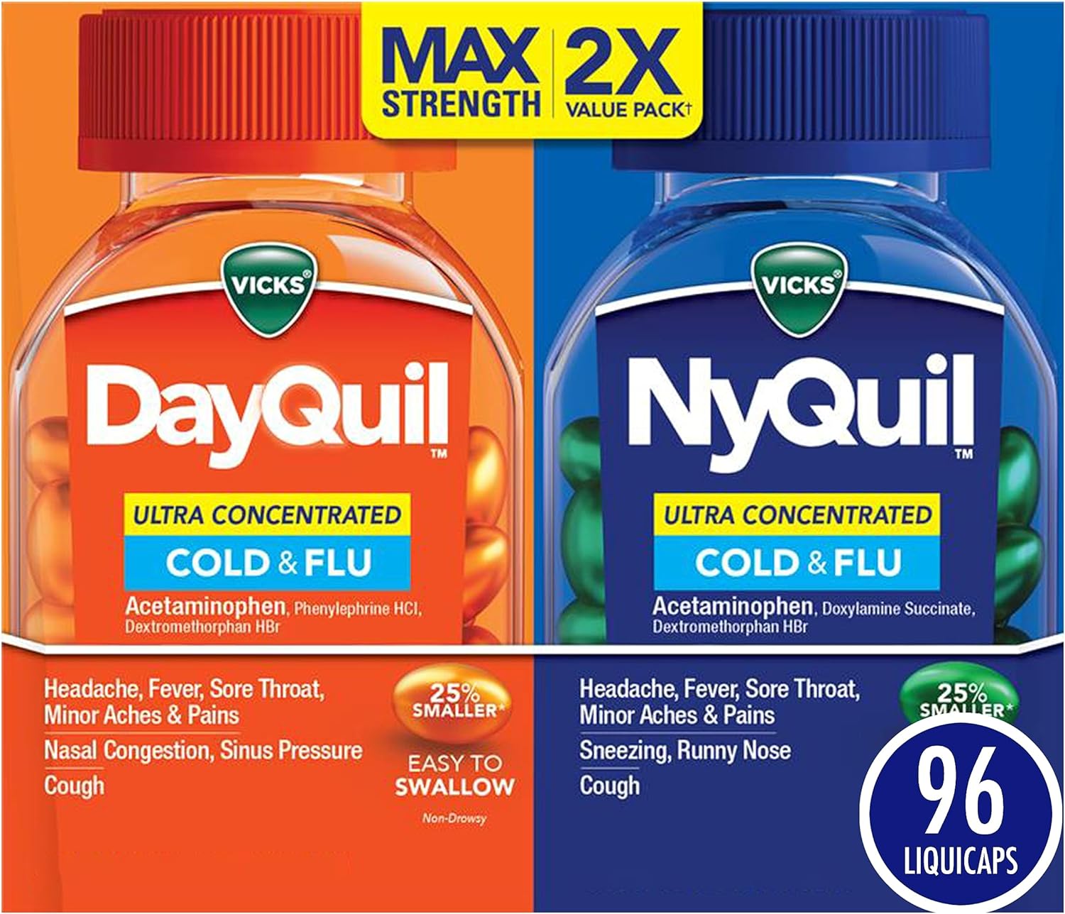 Vicks Dayquil & Nyquil Ultra Concentrated Liquicaps Co-Pack, Cold & Flu Medicine, Powerful Multi-Symptom Daytime & Nighttime Relief For Headache, Fever, Sore Throat, Minor Aches & Pains, & Cough, 96Ct