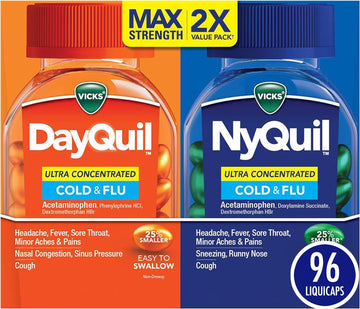 Vicks Dayquil & Nyquil Ultra Concentrated Liquicaps Co-Pack, Cold & Flu Medicine, Powerful Multi-Symptom Daytime & Nighttime Relief For Headache, Fever, Sore Throat, Minor Aches & Pains, & Cough, 96Ct