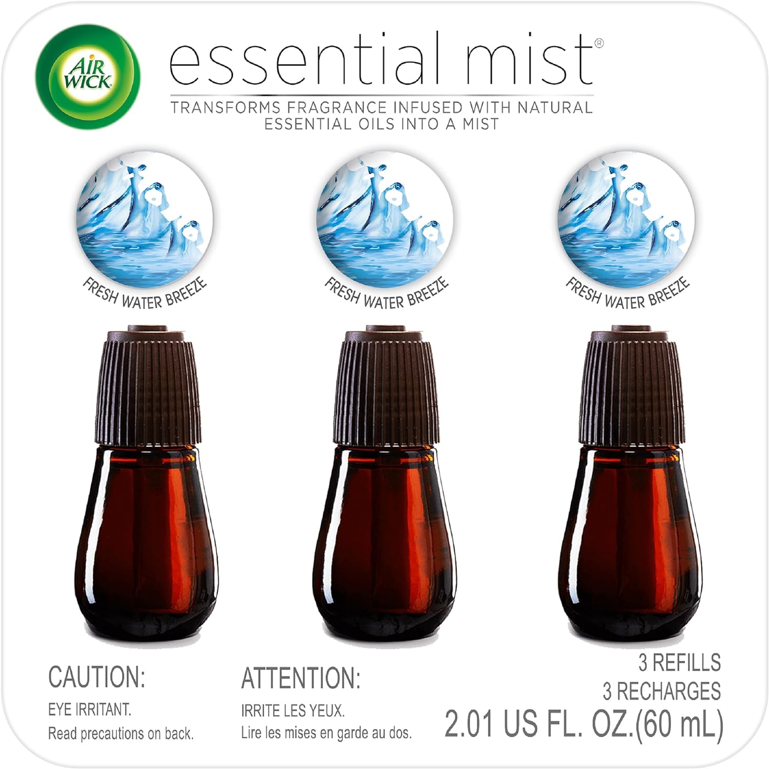 Air Wick Essential Mist Refill, 3ct, Fresh Waters, Air Freshener, Essential Oils