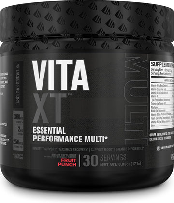 Jacked Factory Vita Xt Performance Multivitamin Powder - Daily Multivitamin For Men With Ksm-66 Ashwagandha, Prebiotic Fiber, Vitamin A, C, D, K, B6, B12, & More - Fruit Punch, 30Sv