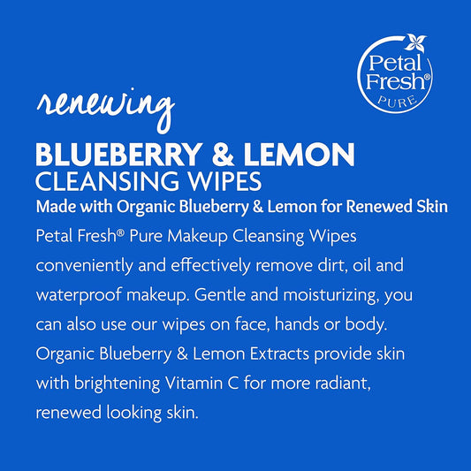Petal Fresh Renewing Blueberry & Lemon Makeup Removing, Cleansing Towelettes, Gentle Face Wipes, Daily Cleansing, Vegan and Cruelty Free, 60 count