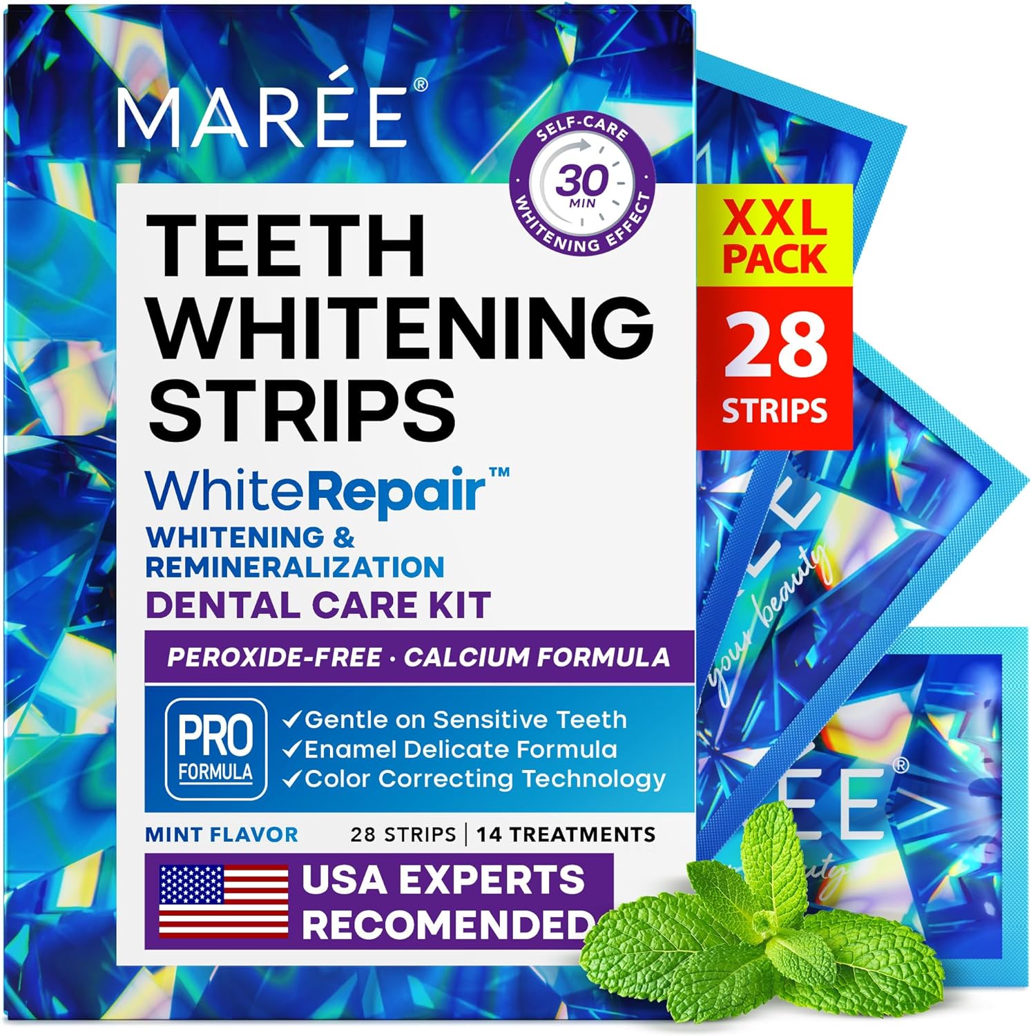 MAREE Dental Care Kit with Mint Flavor Comfortable for Sensitive Teeth - Teeth Whitening Strips with Calcium Formula -White Strips for Gentle Dental Care & Fresh Breath - Pack of 28 Strips