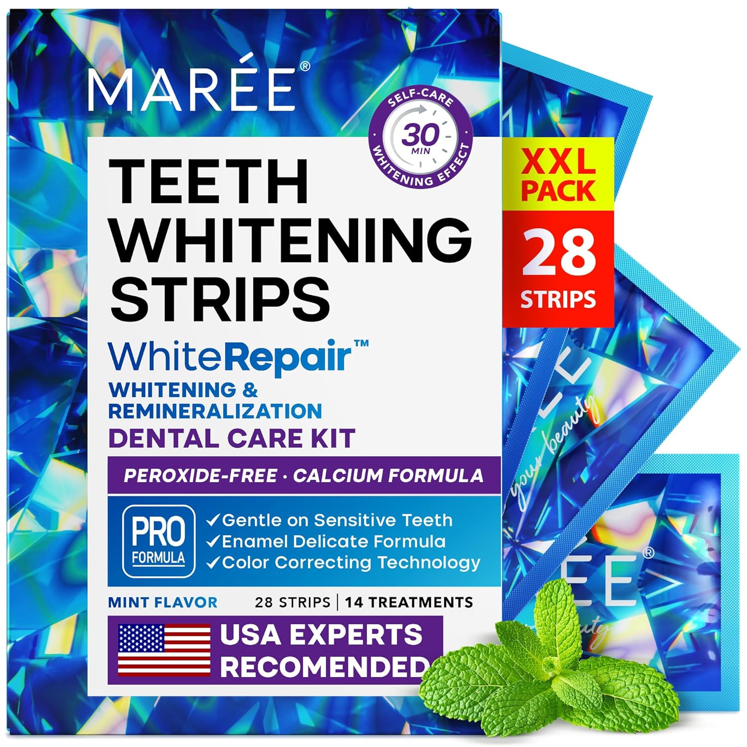 Maree Teeth Whitening Strips With Mint Flavor Comfortable For Sensitive Teeth - Teeth Whitening Strips With Calcium Formula -White Strips For Gentle Dental Care & Fresh Breath - Pack Of 28 Strips