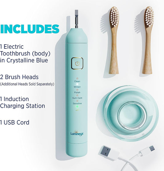 Lumineux Sonic Electric Toothbrush for Adults - Bamboo Heads - Crystalline (Light Blue) - Includes 2 Super Soft Bristle Bamboo Tooth Brush Heads, Charging Station & USB Charge Cord - Rechargeable