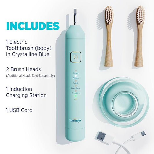 Lumineux Sonic Electric Toothbrush For Adults - Bamboo Heads - Crystalline (Light Blue) - Includes 2 Super Soft Bristle Bamboo Tooth Brush Heads, Charging Station & Usb Charge Cord - Rechargeable