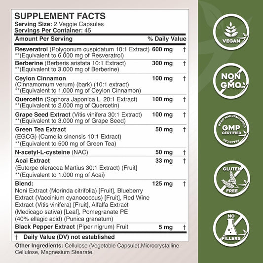 Gade Nutrition Resveratrol Berberine Quercetin Grape Seed Extract Green Tea Extract N-Acetyl Cysteine - 14 In 1 Complex Supplement For Women & Men With Potent Antioxidants - Made In Usa