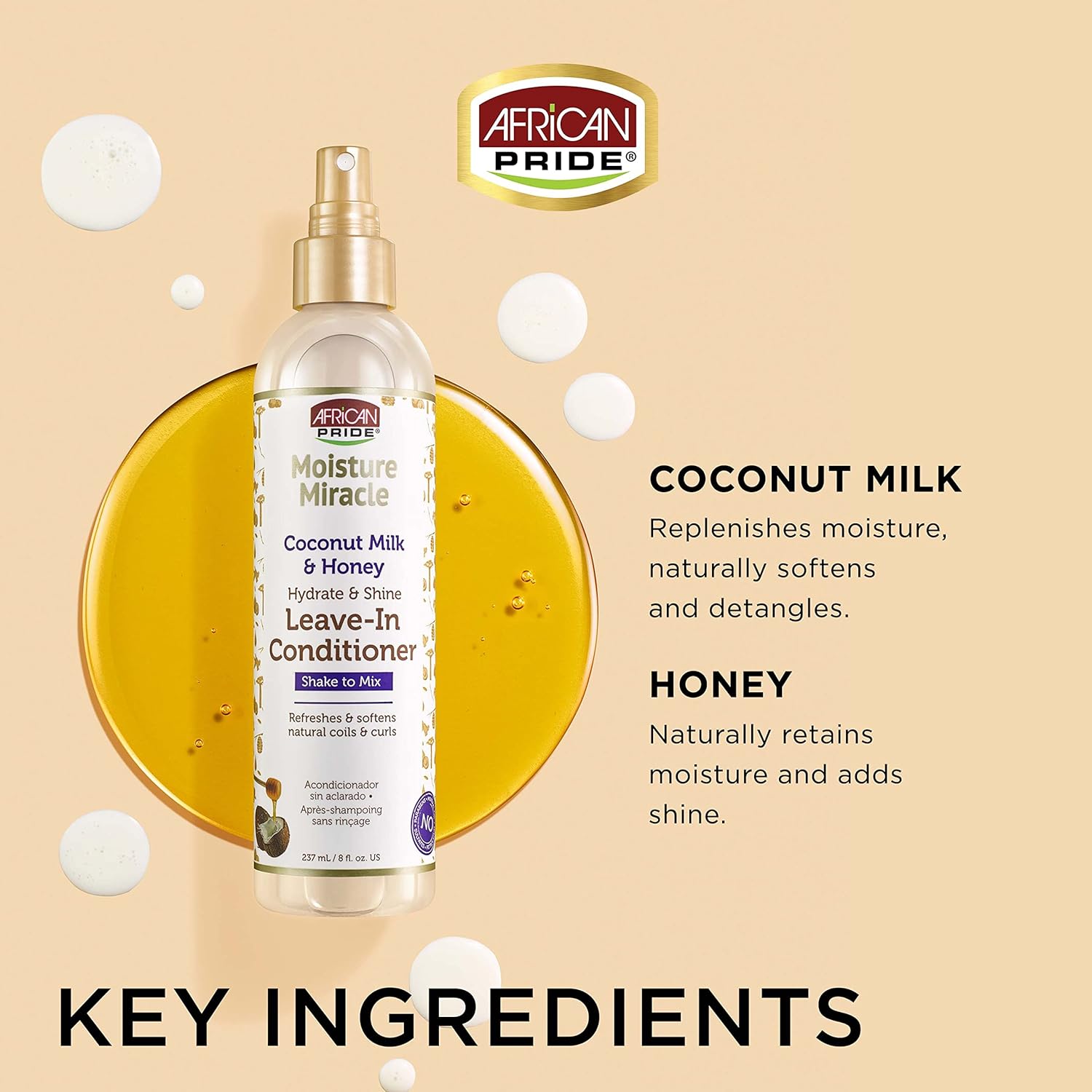 African Pride Moisture Miracle Coconut Milk & Honey Leave-In Conditioner - Refreshes & Softens Natural Coils & Curls, Hydrates & Shines Hair, 8 Oz : Beauty & Personal Care