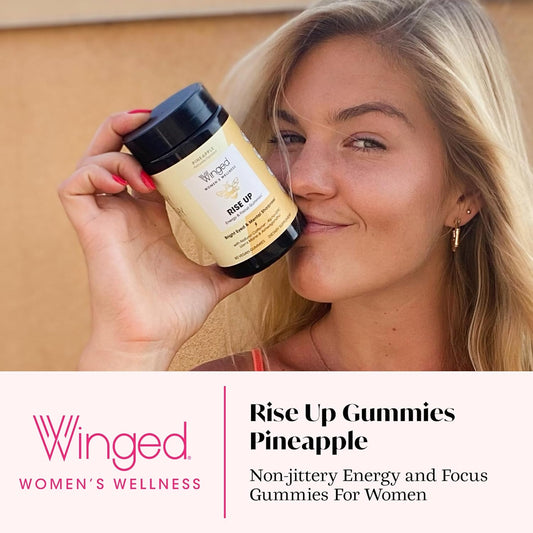 Winged Wellness Rise Up, Energy & Focus Gummies For Women - Daily Brain Boost Gummy Supplement With Natural Caffeine, Ashwagandha, B12, Nootropics Alpha-Gpc & Lion’S Mane - Pineapple, 60 Gummies