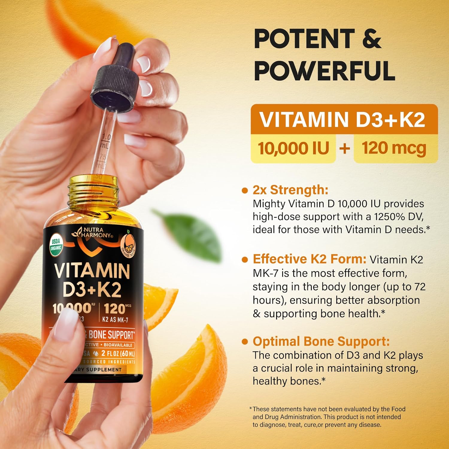 Buy Vitamin D3 K2 Usda Organic Drops - Vitamin D3 10000 Iu & K2 As Mk-7 120Mcg - Immune & Mood Support, Bone & Teeth Health - Sugar-Free Orange Flavor - Liquid Supplement - Made In Usa - 2 Fl Oz, 60 Days On  Free Shipping On Qualified Orders