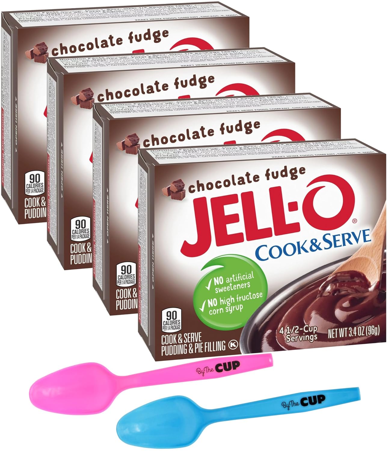 Jell-O Chocolate Fudge Cook & Serve Pudding Mix, 3.4 oz Box (Pack of 4) with By The Cup Mood Spoons