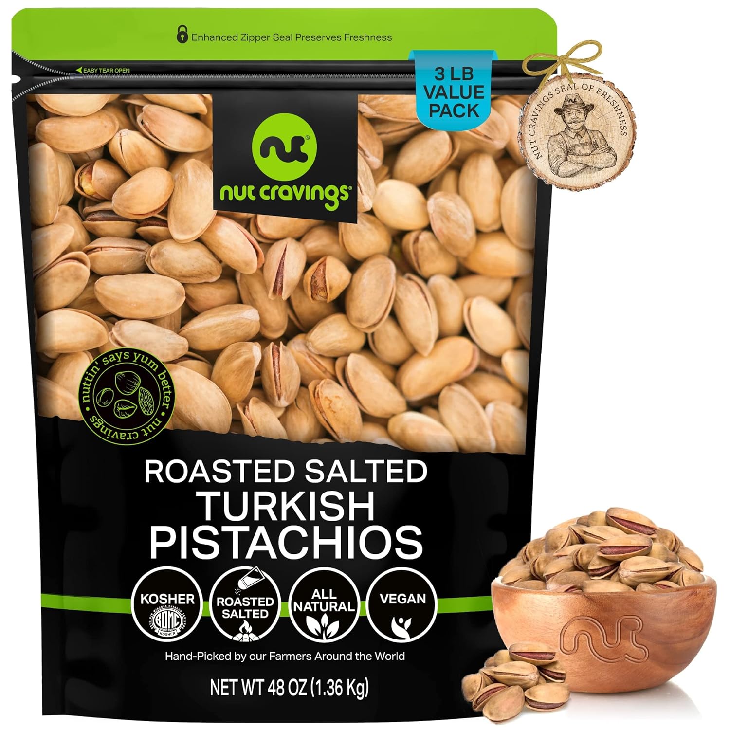 Nut Cravings - Roasted & Lightly Salted Turkish Pistachios Antep (48oz - 3 LB) Packed Fresh in Resealable Bag - Nut Snack - Healthy Protein Food, All Natural, Keto Friendly, Vegan, Kosher