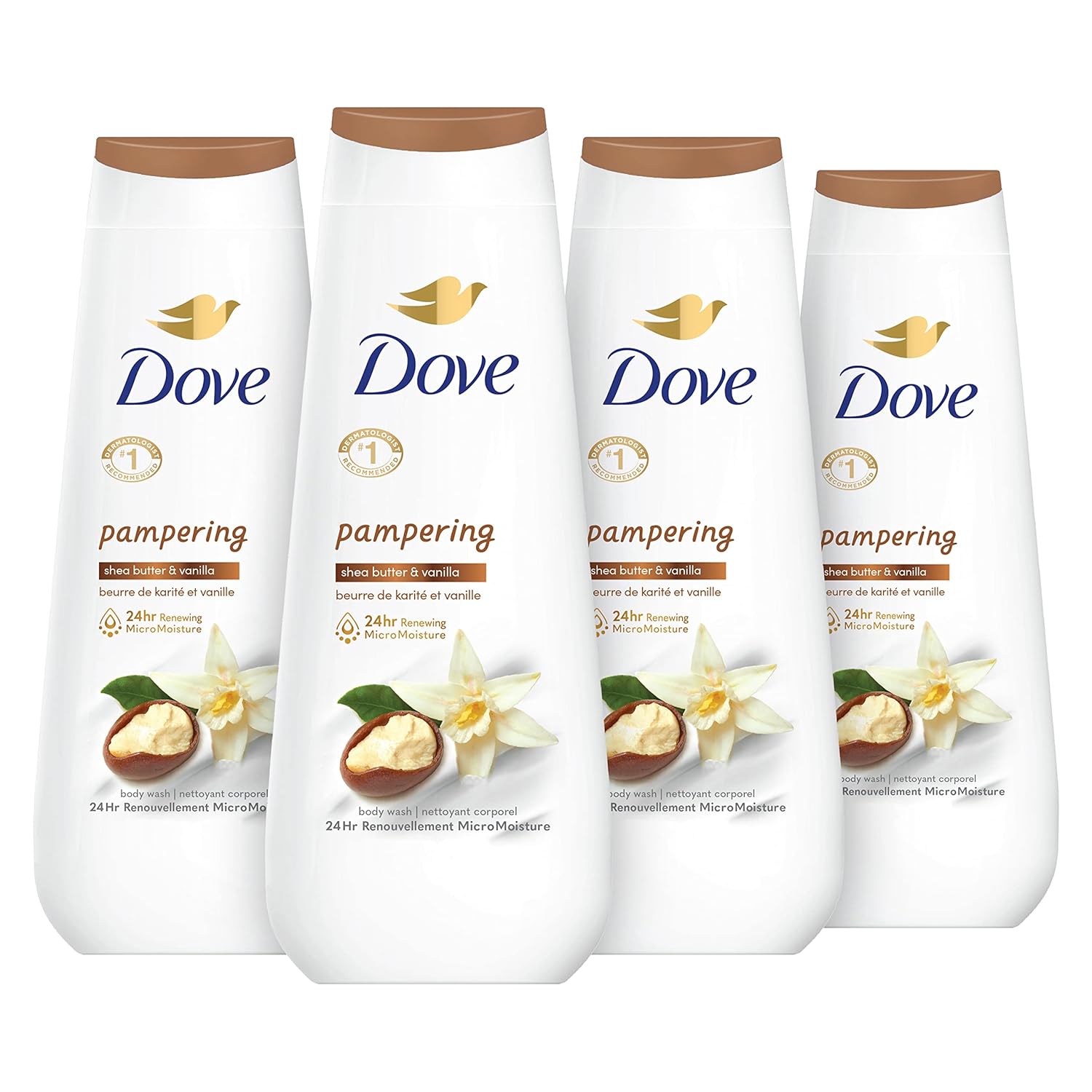 Dove Body Wash 4 Count Pampering Shea Butter & Vanilla For Renewed, Healthy-Looking Skin Gentle Skin Cleanser With 24Hr Renewing Micromoisture 20 Oz