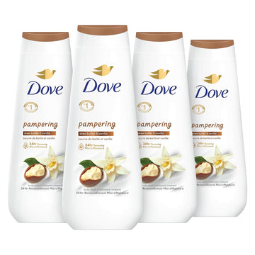 Dove Body Wash 4 Count Pampering Shea Butter & Vanilla For Renewed, Healthy-Looking Skin Gentle Skin Cleanser With 24Hr Renewing Micromoisture 20 Oz