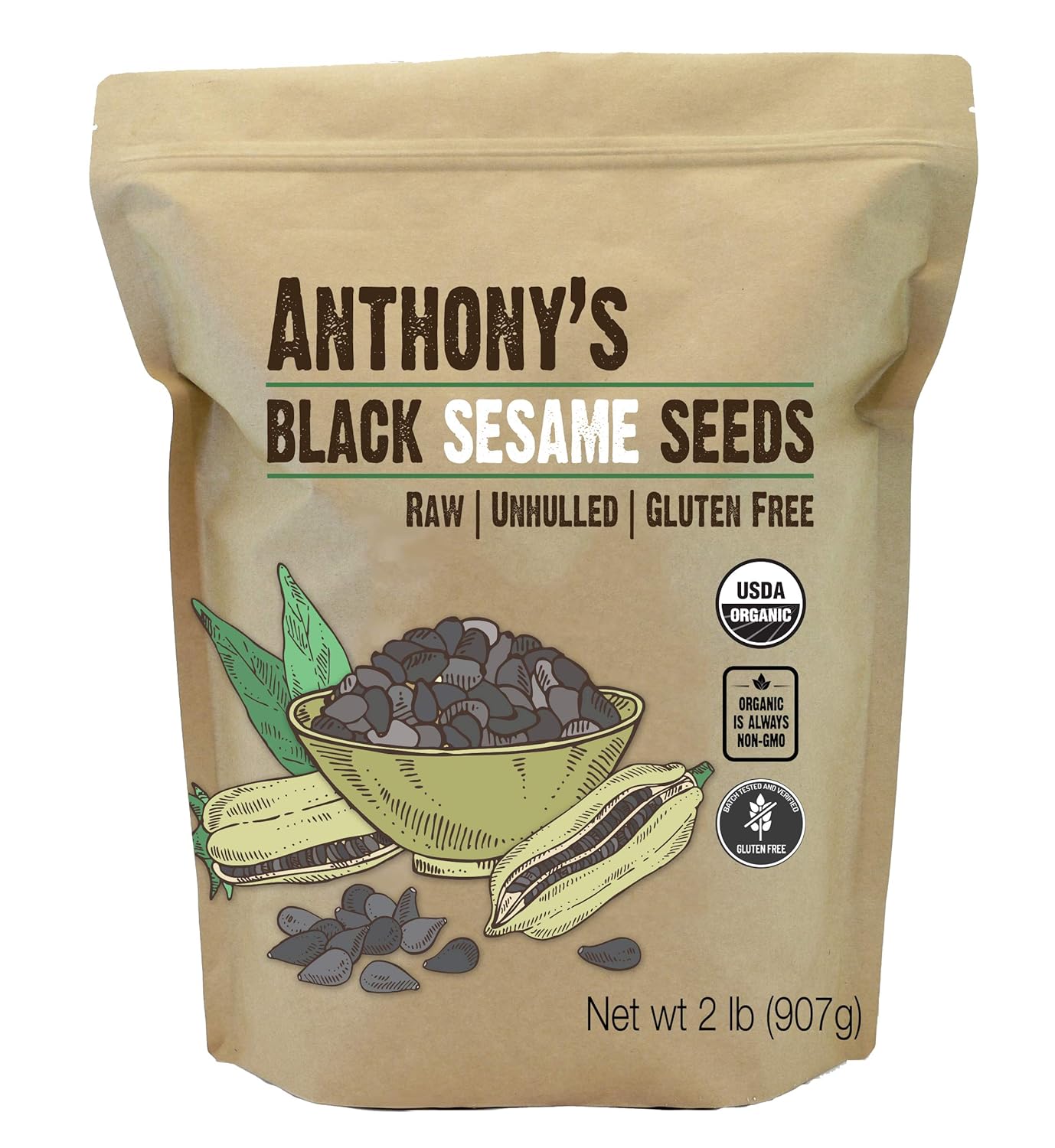 Anthony'S Organic Black Sesame Seeds, 2 Lb, Raw, Unhulled, Batch Tested & Verified Gluten Free, Keto Friendly