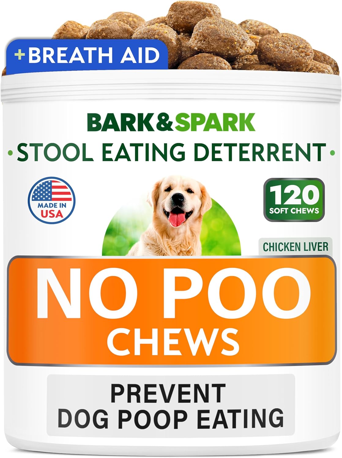 Bark&Spark NO Poo Treats - Prevent Dog Poop Eating - Coprophagia Treatment - Stool Eating Deterrent - Probiotics & Enzymes - Digestive Health + Breath Aid - 120 Soft Chews - USA Made - Chicken Liver