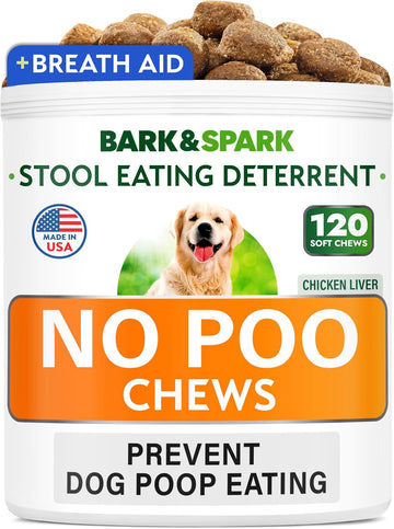 Bark&Spark No Poo Treats - Prevent Dog Poop Eating - Coprophagia Treatment - Stool Eating Deterrent - Probiotics & Enzymes - Digestive Health + Breath Aid - 120 Soft Chews - Usa Made - Chicken Liver