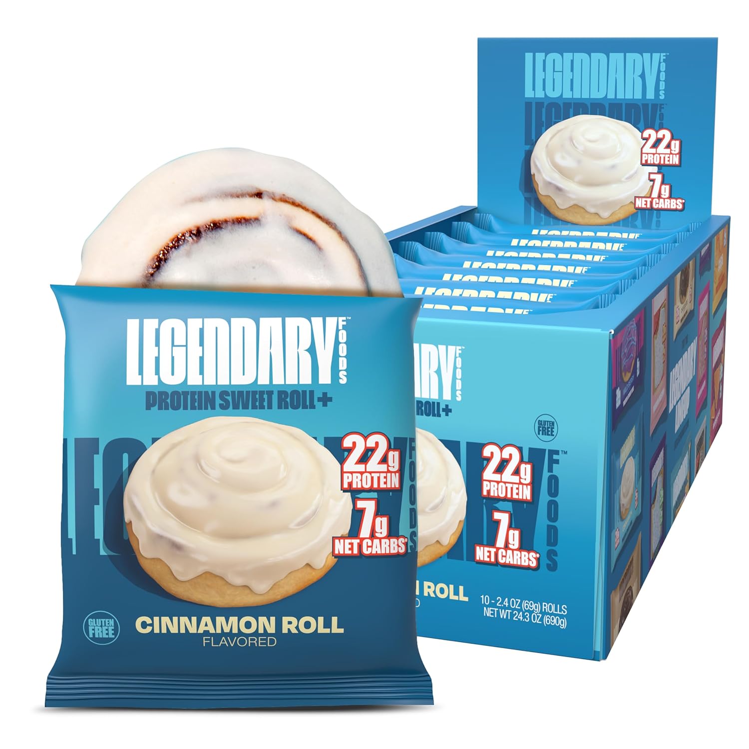 Legendary Foods 22G Protein Sweet Roll+ Bars Premium High Protien, Low Carb Meal Replacement Snack Bar, Low Glycemic, Gluten Free Snacks - Zero Sugar, Keto And Diabetic Friendly Cinnamon Rolls 10-Pack