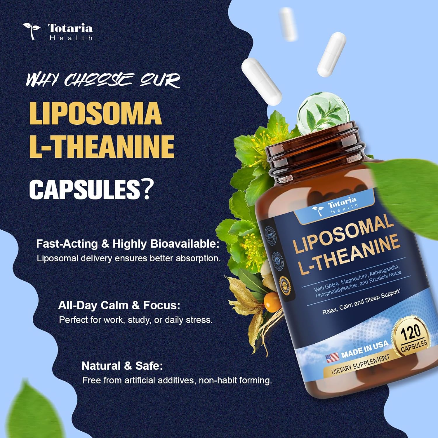 Liposomal L-Theanine Supplement 750Mg With Gaba,Ashwagandha,Magnesium Glycinate,Rhodiola Rosea,Phosphatidylserine Complex Supplements For Men And Women Mood |Focus | Sleep Support 120 Capsules : Health & Household