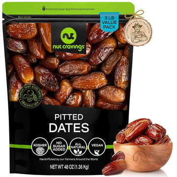 Nut Cravings Dry Fruits - Sun Dried Deglet Noor Dates Pitted, No Sugar Added (48Oz - 3 Lbs) Packed Fresh In Resealable Bag - Sweet Snack, Healthy Food, All Natural, Vegan, Kosher Certified