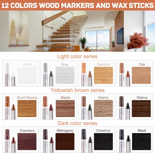 DEWEL Wood Markers Furniture Repair, 12 Colors Furniture Markers Touch Up and Wood Filler Sticks, Wood Scratch Repair Kit for Laminate Floor, Cabinet, Wooden Door, Wood Finish Stain