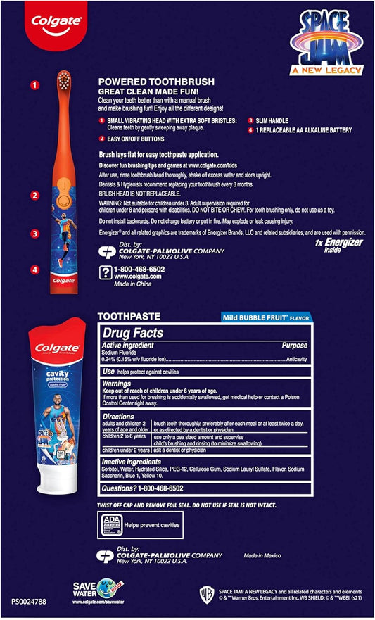 Colgate Kids Toothbrush With Toothpaste, Space Jam Gift Set, 2 Battery Toothbrushes And Toothpastes