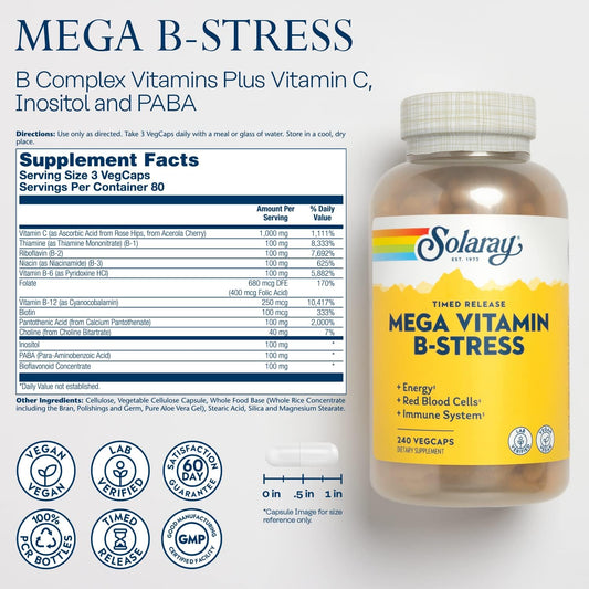 Solaray Mega Vitamin B-Stress - Timed Release Vitamin B Complex W/Vitamin B12, B6, Folic Acid, Vit. C - Stress, Energy, Red Blood Cell, Immune Support - Vegan, 60-Day Guarantee (240 Ct)