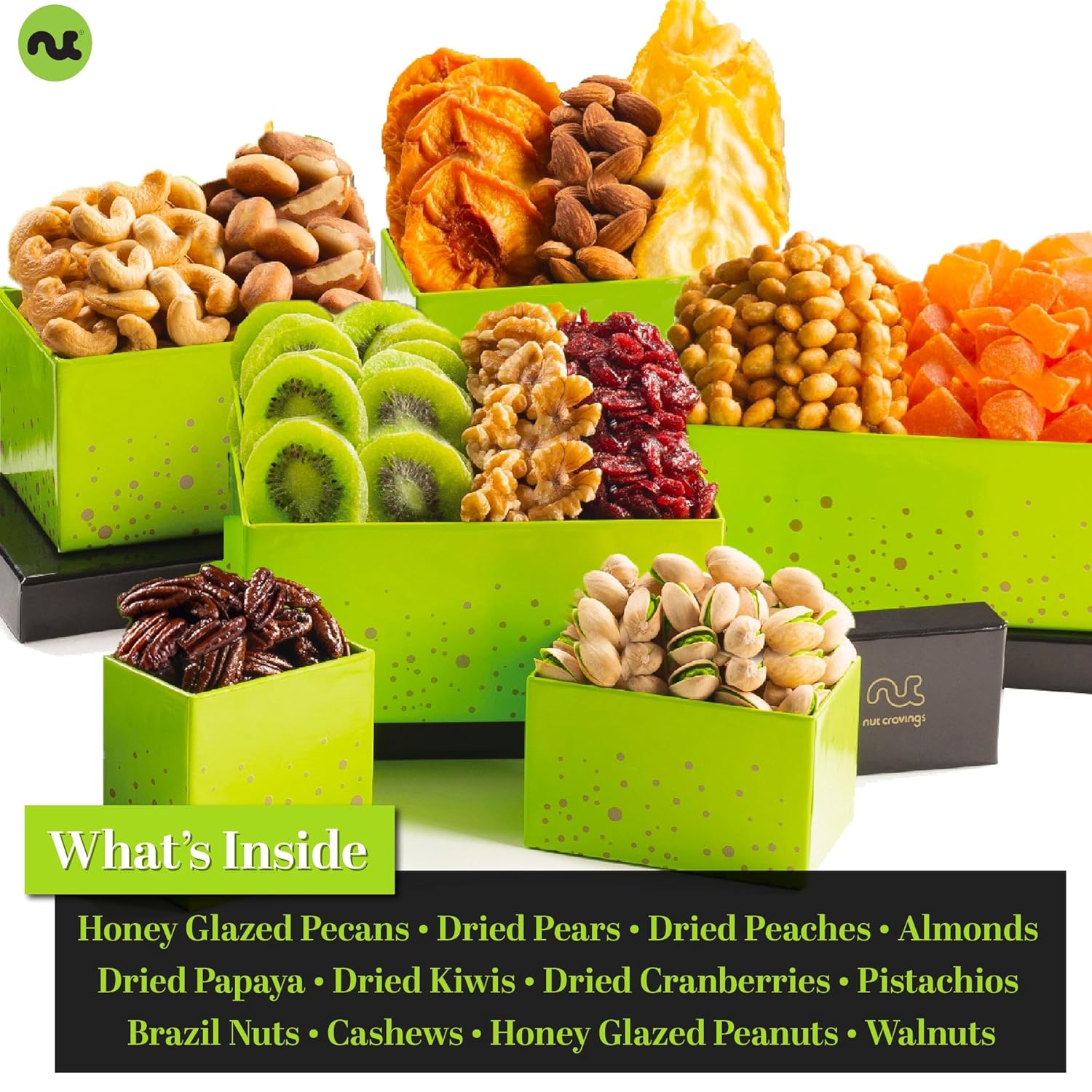 Nut Cravings Gourmet Collection - Mothers Day Dried Fruit & Mixed Nuts Gift Basket Green Tower + Ribbon (12 Assortments) Arrangement Platter, Birthday Care Package - Healthy Kosher : Grocery & Gourmet Food