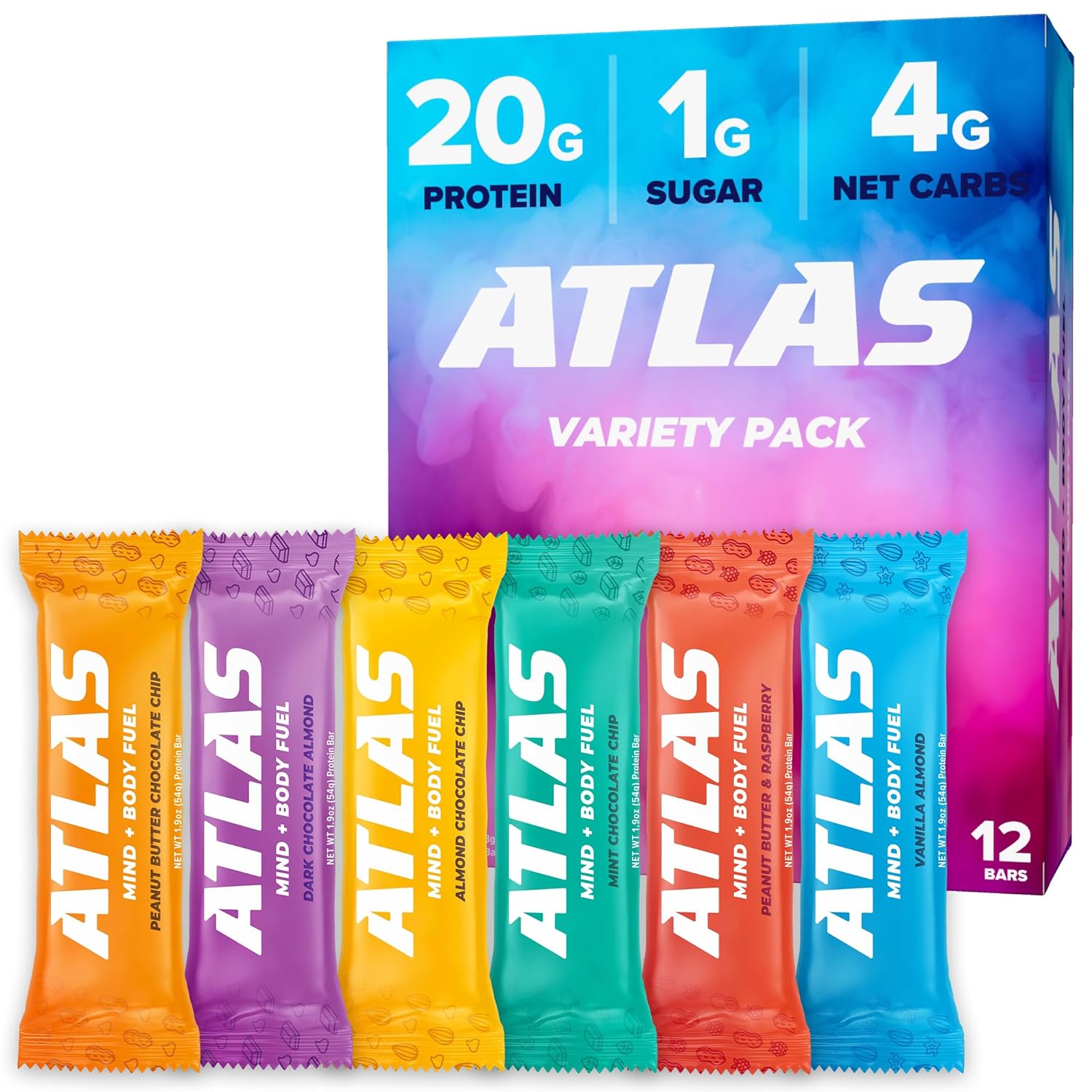 Atlas Protein Bar, 20G Protein, 1G Sugar, Clean Ingredients, Gluten Free (Whey Variety, 12 Count (Pack Of 1))