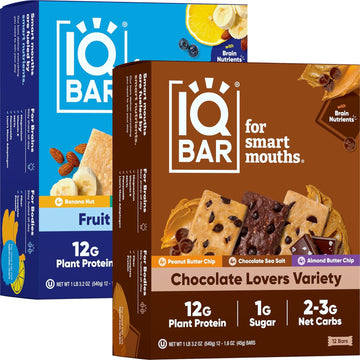 Iqbar Brain And Body Plant Protein Bars - Chocolate & Fruit Variety - 24 Count, Low Carb, High Fiber, Gluten Free, Vegan Snacks - Low Sugar Keto Bar