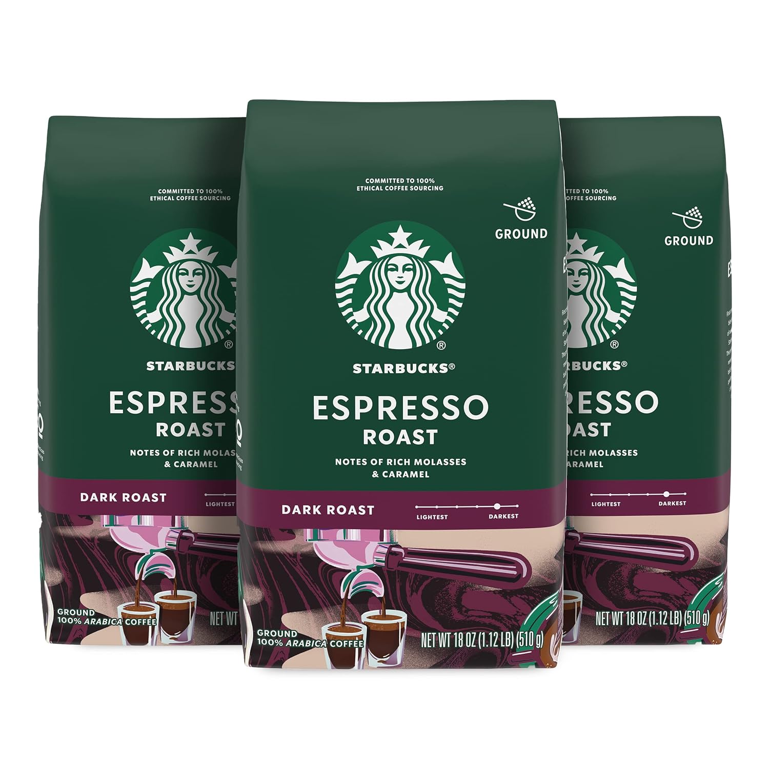 Starbucks Ground Coffee, Dark Roast Coffee, Espresso Roast, 100% Arabica, 3 Bags (18 Oz Each)