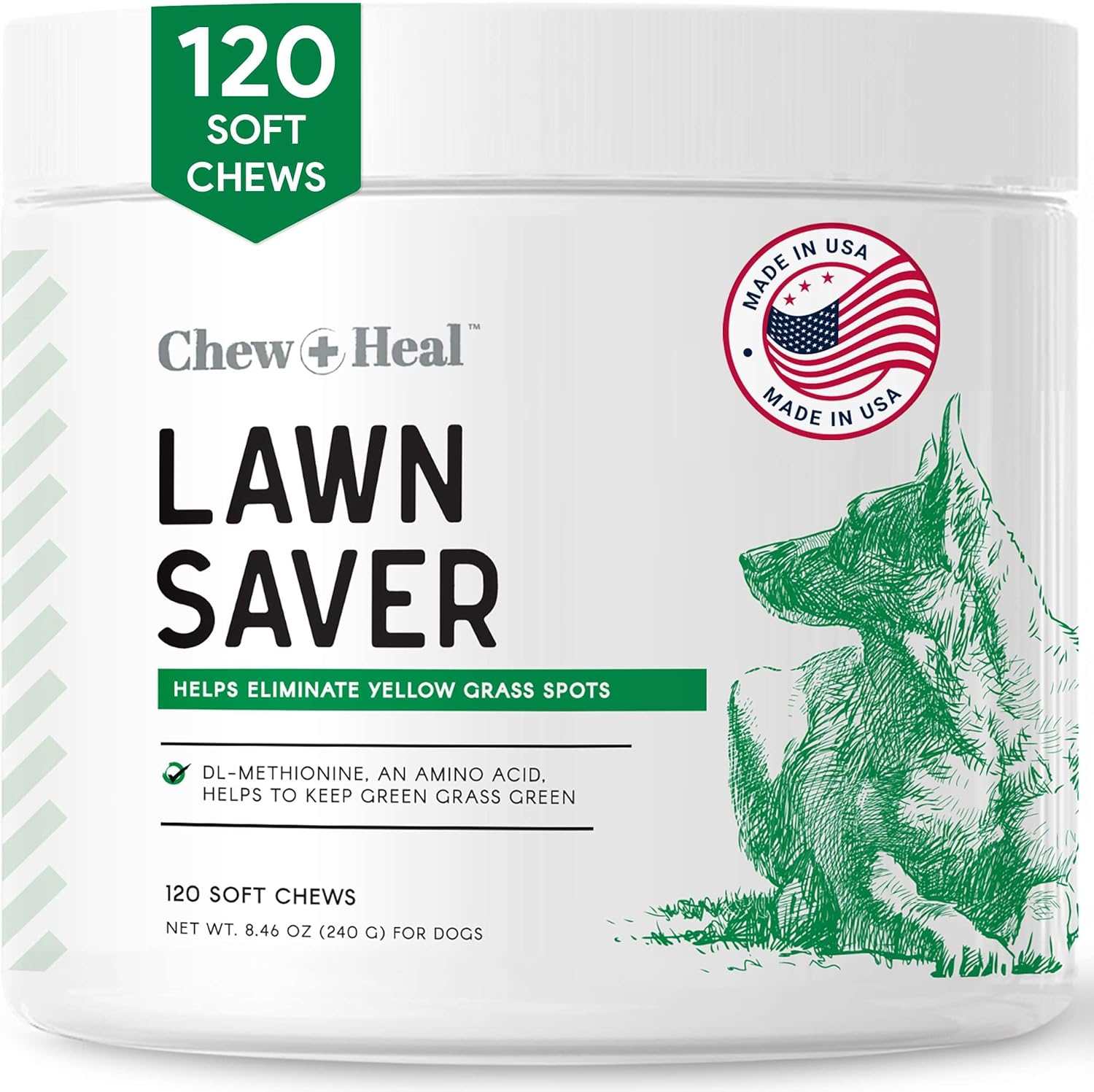 Green Grass Lawn Saver, Dog Urine Neutrelizer, 120 Soft Chews - Reduces Burns And Yellow Spots, Natural Ingredients, Fuss-Free Treatment - Chew + Heal