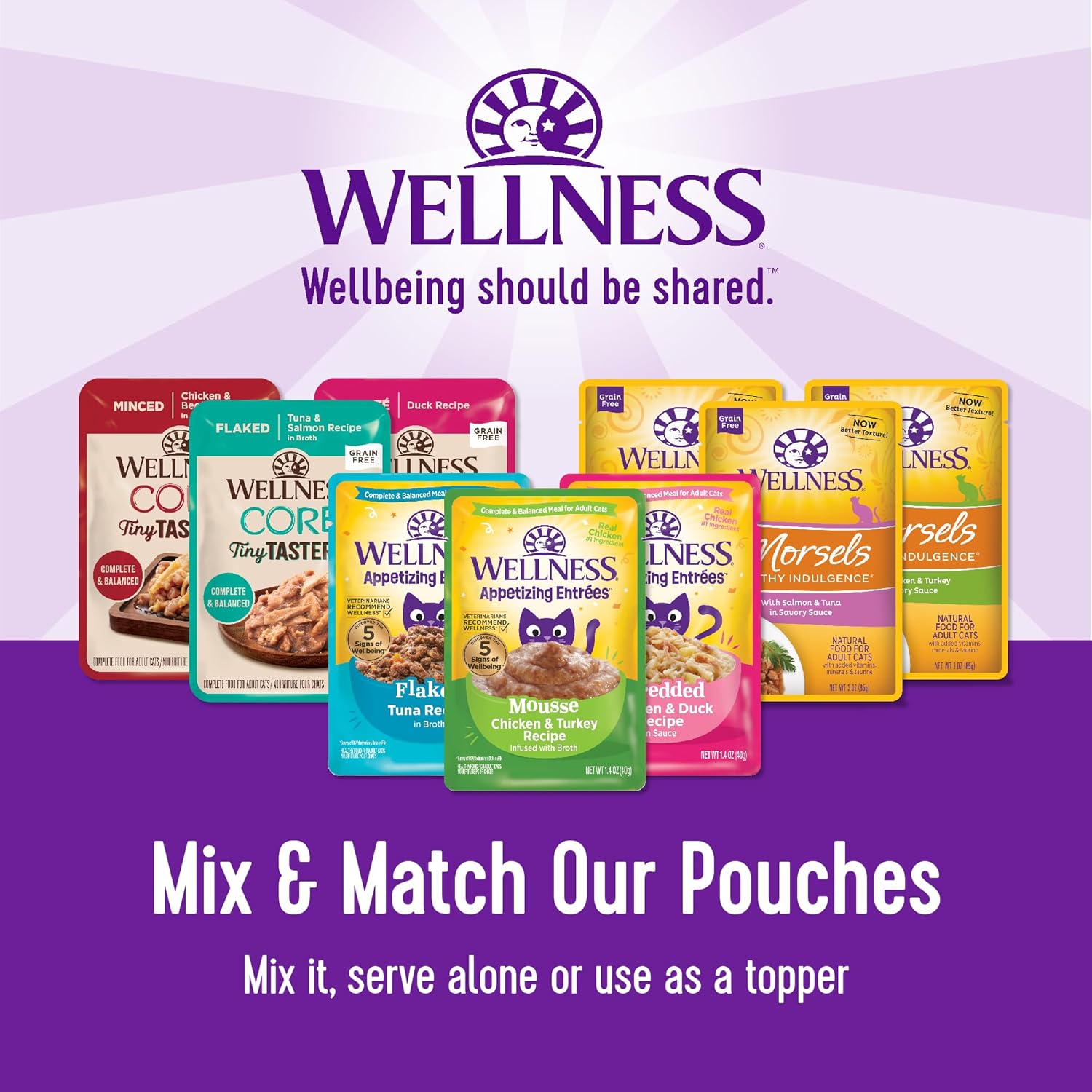 Wellness CORE Tiny Tasters Wet Cat Food Topper, Grain Free, Complete & Balanced Nutrition Made with Real Meat, No-Mess Pouches, (Adult Cat, Land Variety Pack), 1.75 Ounce (Pack of 12) : Everything Else