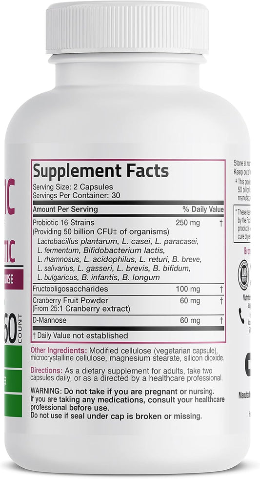 Bronson Women'S Probiotic 50 Billion Cfu + Prebiotic With Cranberry & D-Mannose – Vaginal Health, Healthy Digestion, Immune Function And Urinary Tract Support, Non-Gmo, 60 Vegetarian Capsules