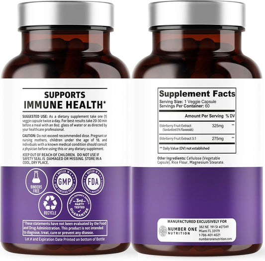 N1N Premium Black Elderberry Capsules for Adults [Max Strength] Pure and Potent Elderberry from Sambucus Nigra to Support Immunity & Skin Health, Non-GMO, Gluten Free, 60 Veg Caps
