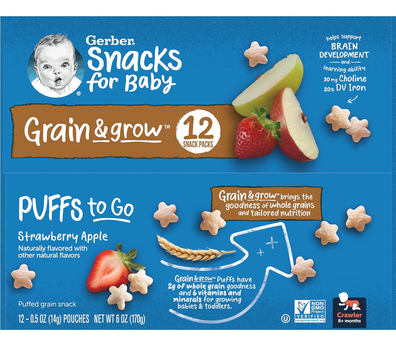 Gerber Snacks for Baby Grain & Grow Puffs To Go, Strawberry Apple, Non-GMO Puffed Grain Baby Snack for Crawlers, Pack of 1 Box : Baby