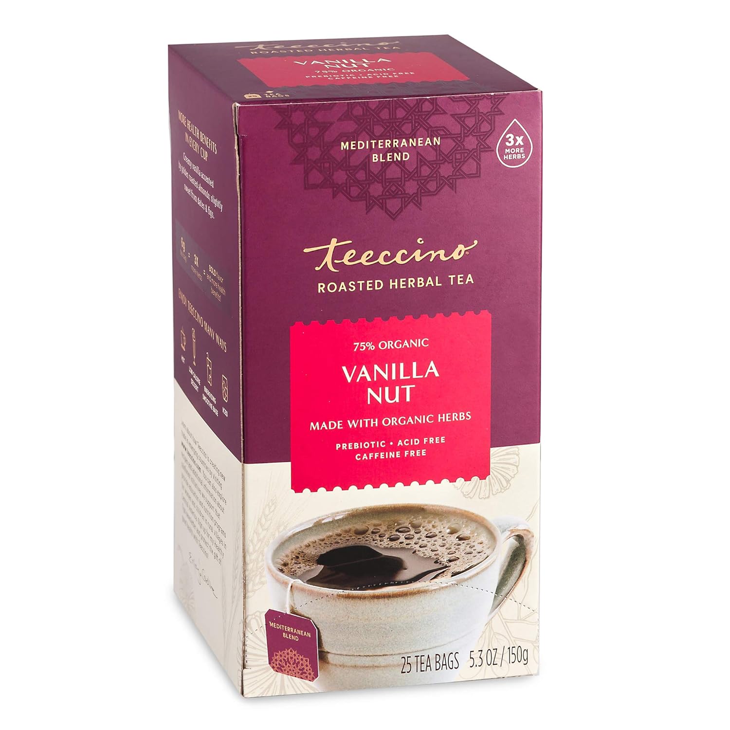 Teeccino Vanilla Nut Herbal Tea - Rich & Roasted Herbal Tea That’S Caffeine Free & Prebiotic For Natural Energy, 25 Tea Bags