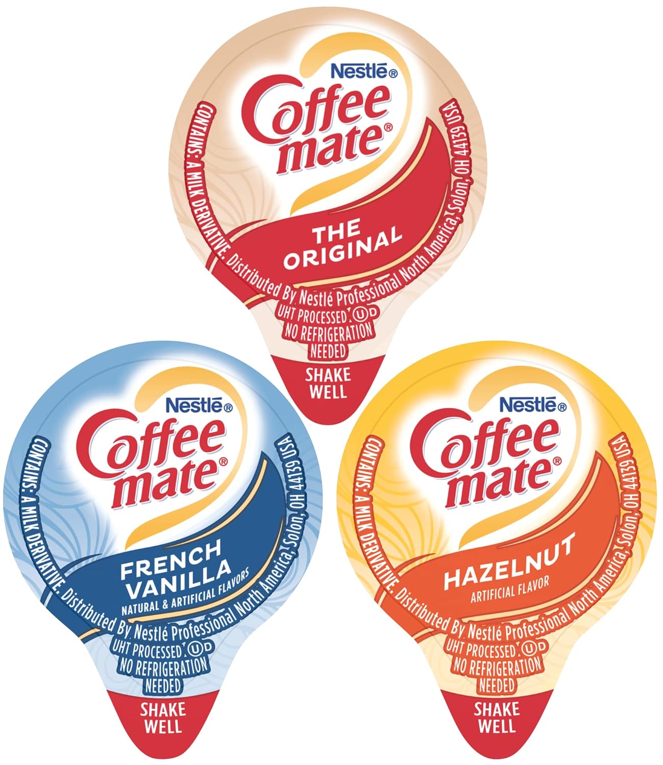 Coffee mate Liquid Creamer Singles Variety Pack, Original, French Vanilla, Hazelnut, 3 Flavors x 60 ct, 180/Box and By The Cup Sugar Packets