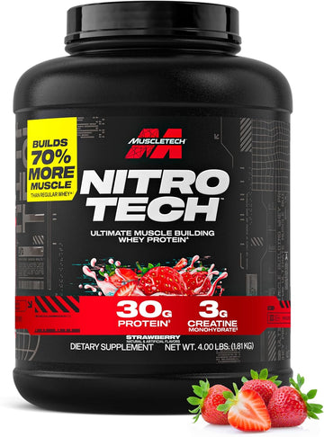 Muscletech Whey Protein Powder (Strawberry, 4 Pound) - Nitro-Tech Ultimate Muscle Building Formula With Whey Protein Isolate & Peptides - 30G Of Protein, 3G Of Creatine & 6.8G Of Bcaa