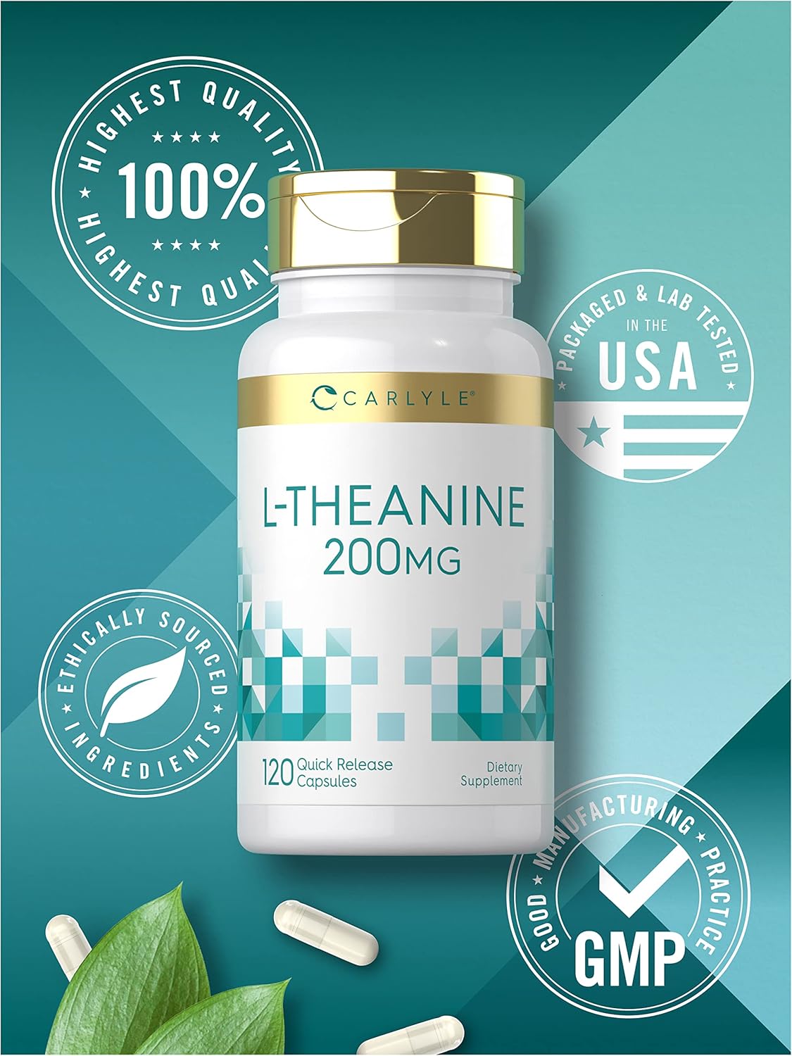 Carlyle L-Theanine 200mg Supplement | 120 Capsules | Non-GMO, Gluten Free : Health & Household