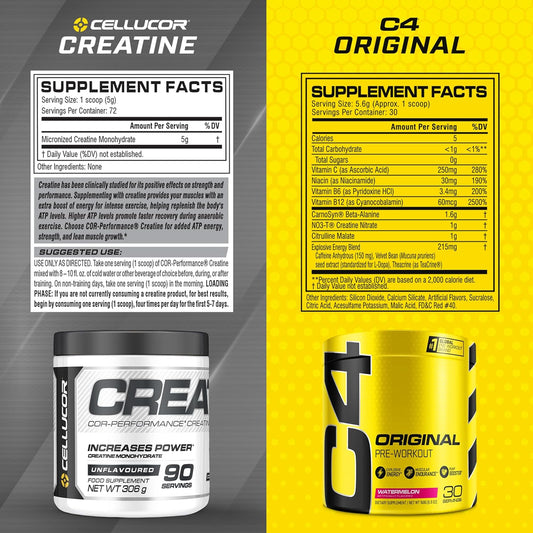 Cellucor Pre Workout & Creatine Bundle, C4 Original Pre Workout Powder, Watermelon, 30 Servings + Cor Performance Creatine Powder, 72 Servings